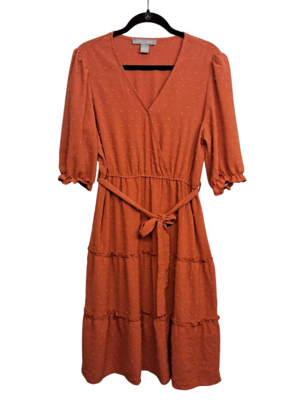 LARK + GREY Orange A Line Dress Tiered Midi Texture Dress with Belt XLarge